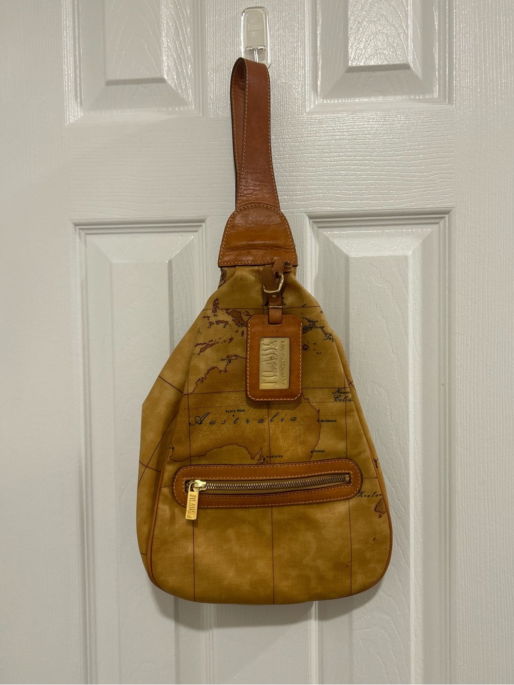 Alviero Martini 1A Classe Geo Map Sling Backpack Tan Coated Canvas Bag